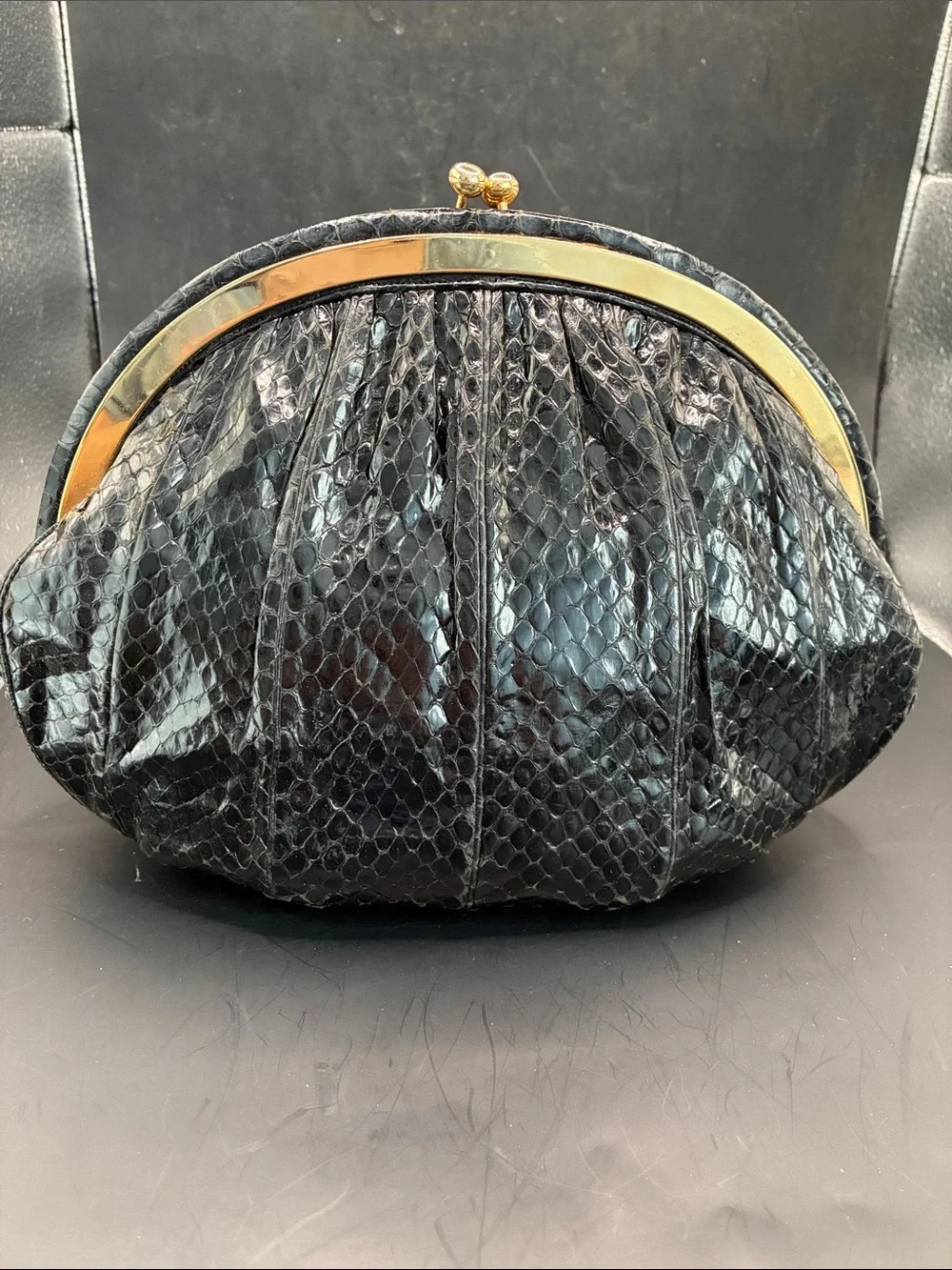 Vintage Judith Lieber Snakeskin Semicircular Jewel  Frame clutch